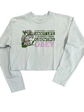 ⚡️NWT OBEY Light Mint Cropped Long Sleeve Tee with Pink & Green Graphic